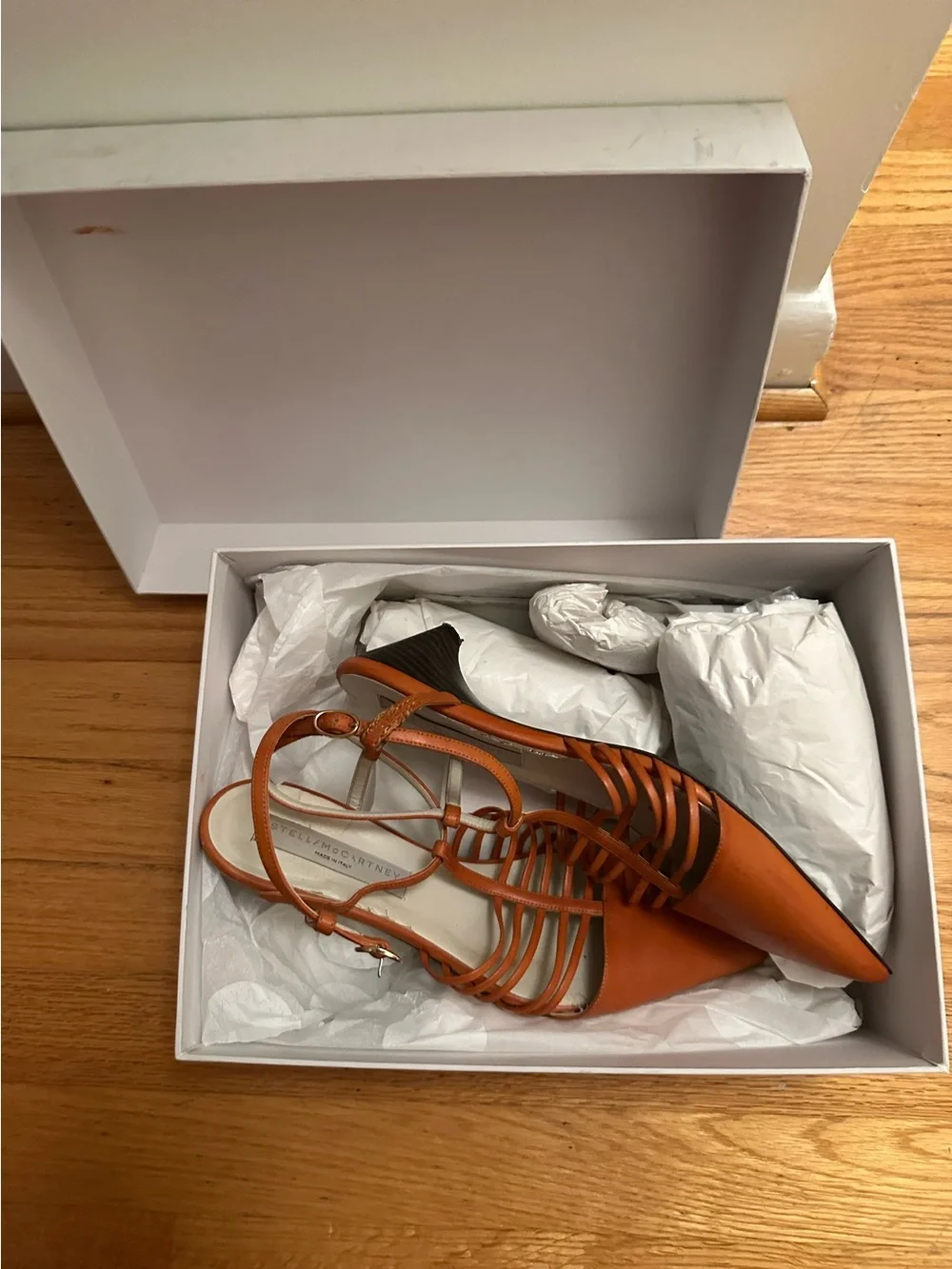 Stella McCartney Orange Strappy Pointed Slingback Kitten Heels